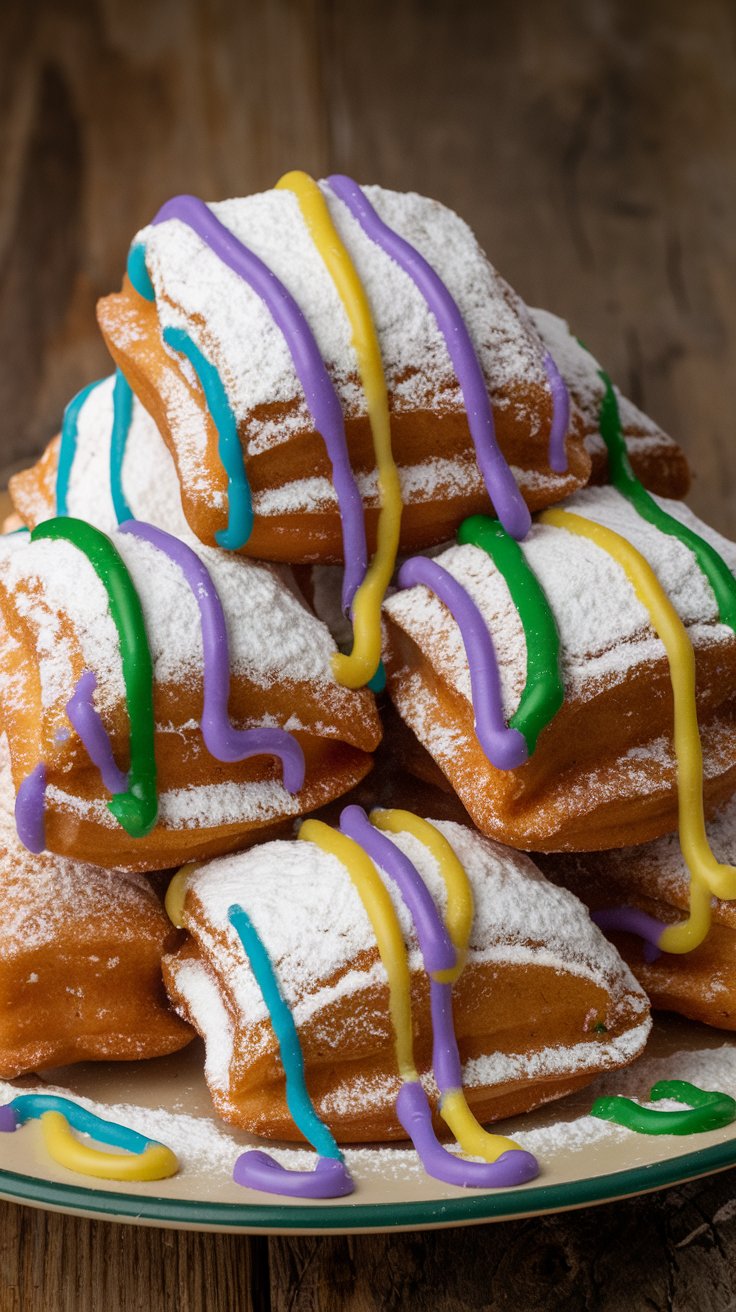 A plate of beignets dusted with powdered sugar and decorated with colorful icing in purple, yellow, and green lines. The beignets are stacked on a wooden surface, creating a festive appearance.