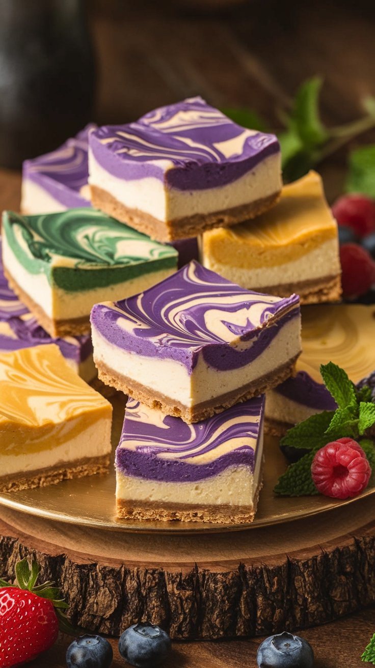 A platter of colorful cheesecake bars with swirled toppings in purple, green, and yellow, on a wooden surface. Garnished with fresh mint leaves, raspberries, and blueberries.