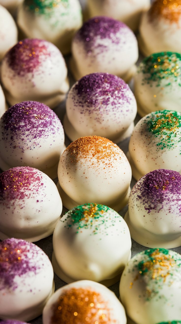 A tray of round, white chocolate-coated cake balls topped with colorful sprinkles in shades of purple, orange, and green, arranged in rows.