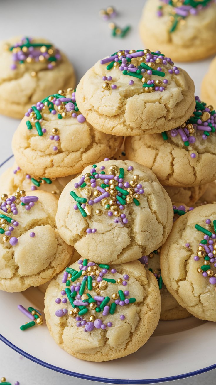 A plate of sugar cookies topped with colorful sprinkles. The sprinkles include green, purple, and gold beads and rods, adding a festive look to the soft, textured cookies.