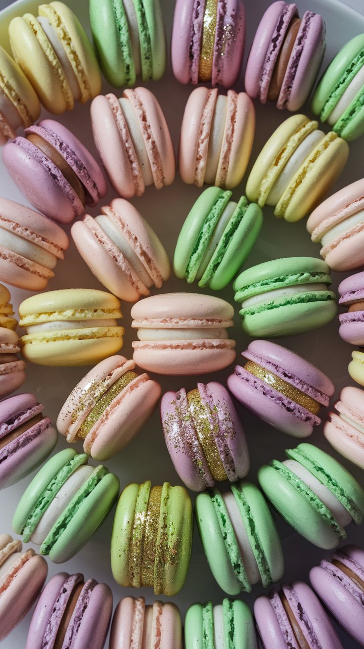 A circular arrangement of colorful macarons, including pink, green, yellow, and lavender. Some have gold glitter on the filling, creating a vibrant and elegant display against a white background.