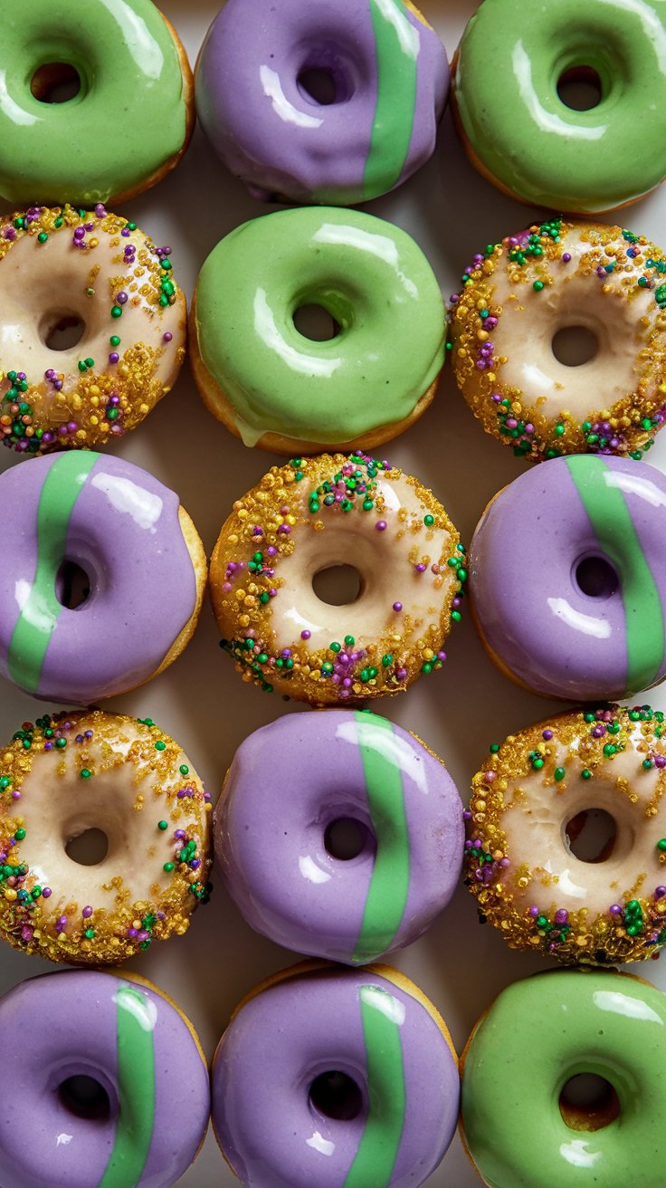 An arrangement of donuts with green and purple glaze. Some have festive gold, green, and purple sprinkles. The donuts are neatly placed in rows, showcasing a vibrant and colorful pattern.
