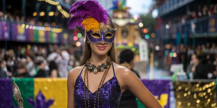 Woman in a purple sequin dress and feathered mask stands in front of a festive parade background. She holds a staff and wears layered necklaces. Colorful banners decorate the street, with blurred crowds and floats in the distance.