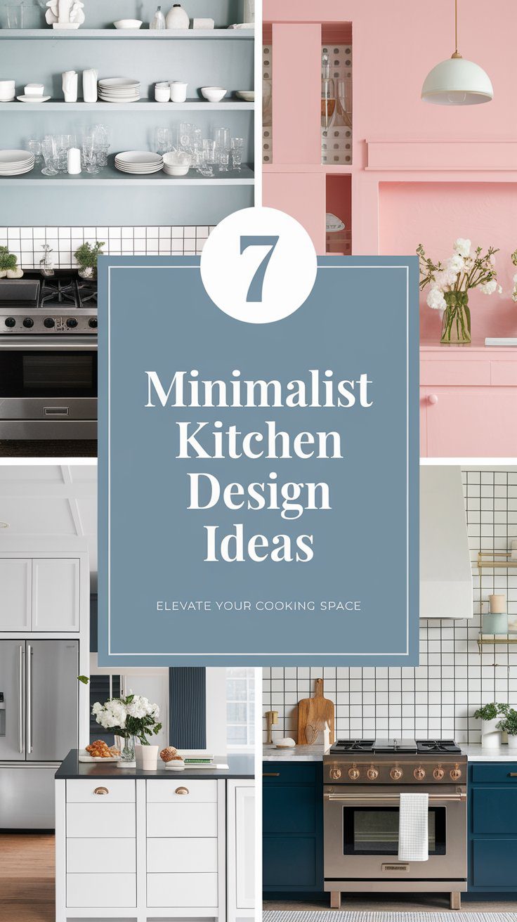 Collage of six minimalist kitchen designs in various color schemes, featuring sleek cabinetry, modern appliances, open shelving with dishes, and decorative vases with flowers. A central text box reads, 7 Minimalist Kitchen Design Ideas.