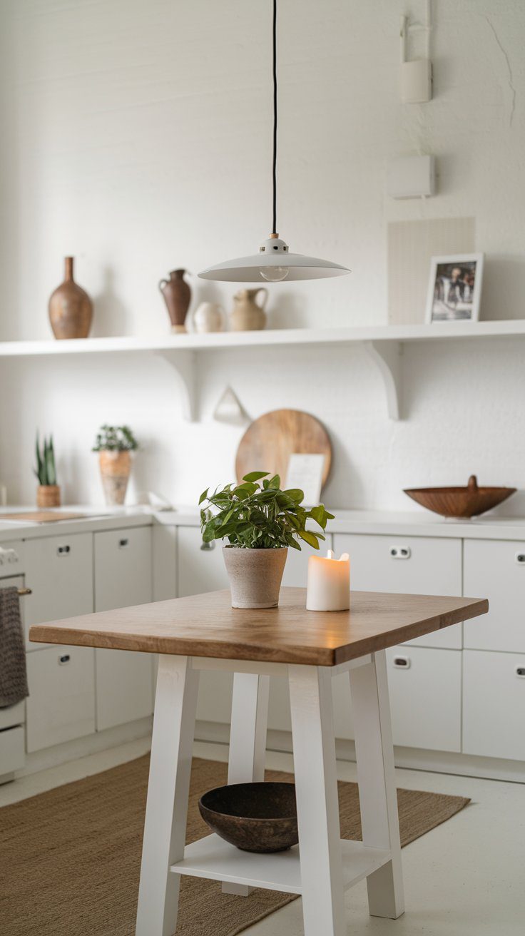 A minimalist kitchen features white cabinets and a wooden countertop island with a potted plant. A candle is placed beside the plant. A round pendant light hangs above. Shelves in the background hold decorative items like vases and a framed photo.