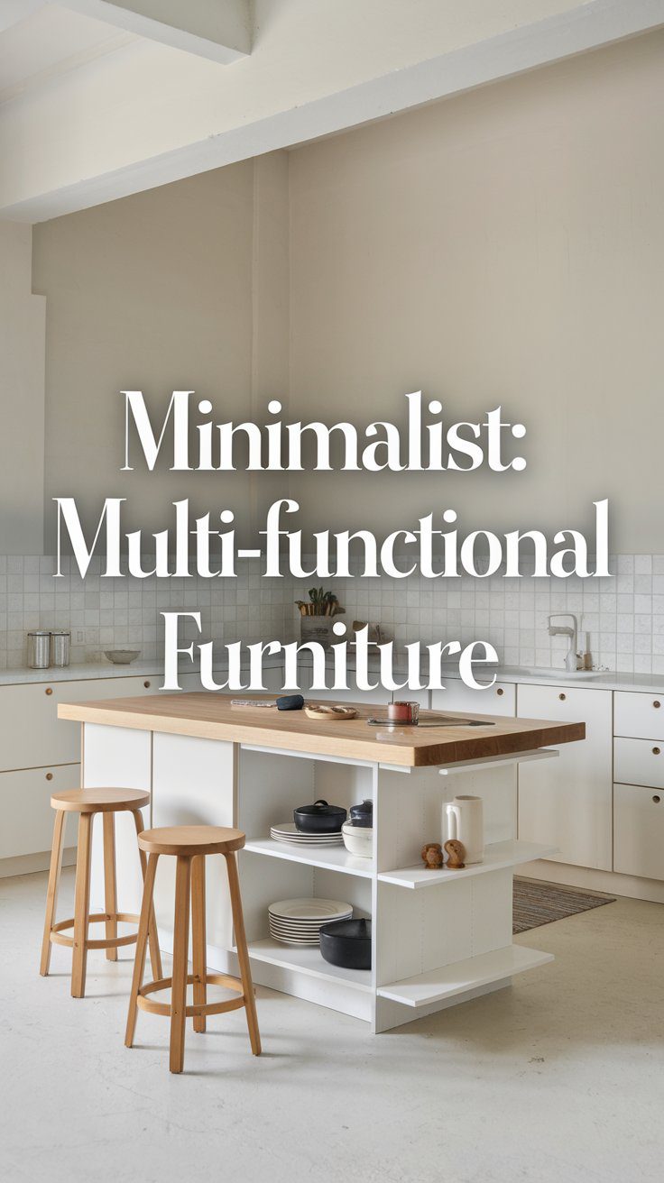 A modern kitchen with minimalist design features a wooden island with stools and shelves, holding kitchenware. Light-colored cabinets and a tiled backsplash complete the sleek, functional space. Text overlay reads, Minimalist: Multi-functional Furniture.