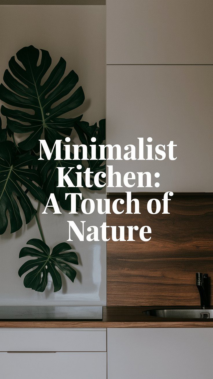 A minimalist kitchen features sleek cabinets, a wooden countertop, and a dark faucet. Large monstera leaves adorn the wall. Overlaid text reads, Minimalist Kitchen: A Touch of Nature.