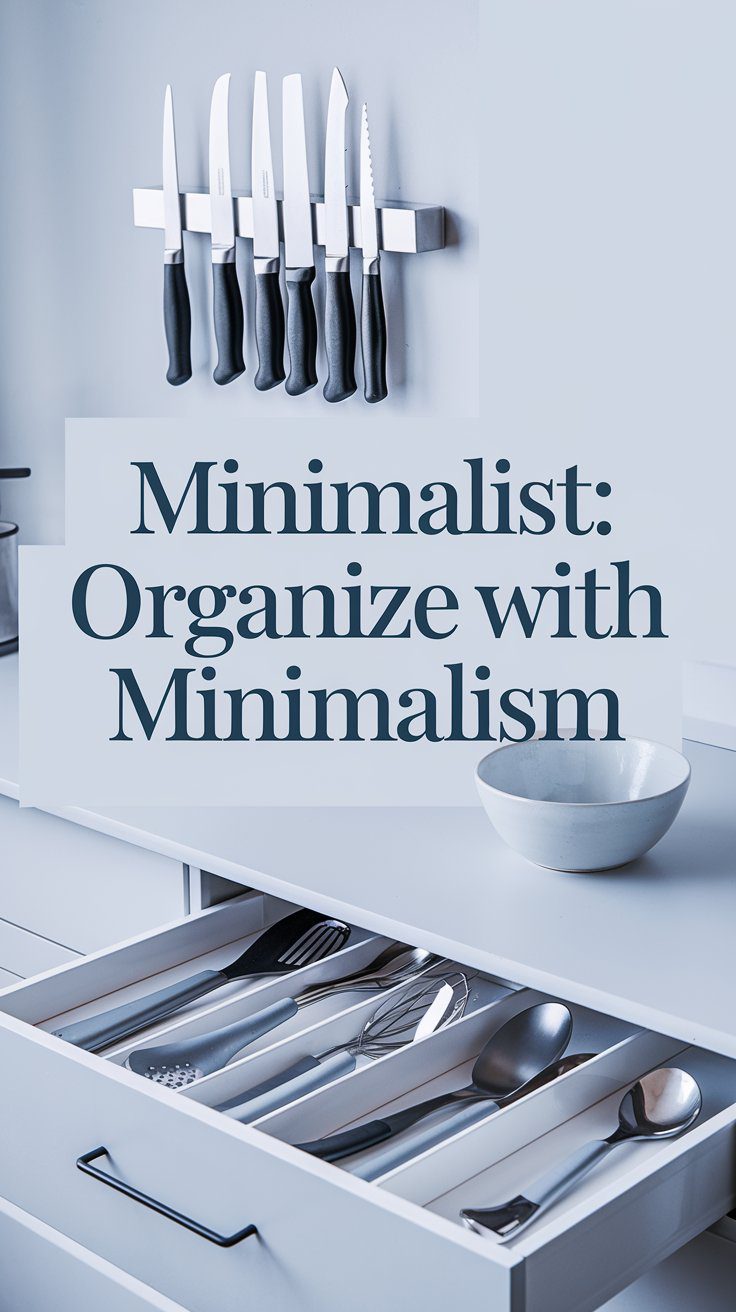 A minimalist kitchen setup with a drawer open to reveal neatly organized cutlery. Above, knives are aligned on a magnetic strip attached to the wall. A white bowl sits on the counter. Text overlay reads, Minimalist: Organize with Minimalism.