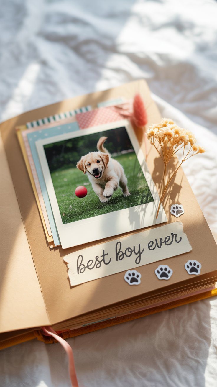 Golden Retriever Puppy Scrapbook Page Ideas: DIY Dog Memory Book with Cute Puppy, Paw Prints, and “Best Boy Ever” Caption.
