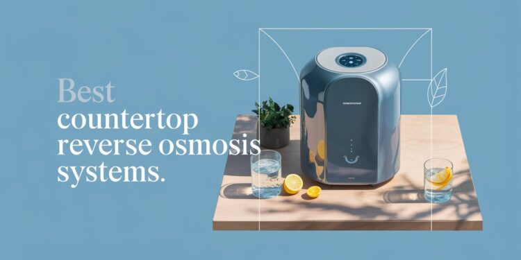A sleek countertop reverse osmosis water filtration system sits on a wooden countertop with two glasses of water and lemon slices. A small plant is nearby. The text reads, Best countertop reverse osmosis systems. The background is blue with white line graphics.