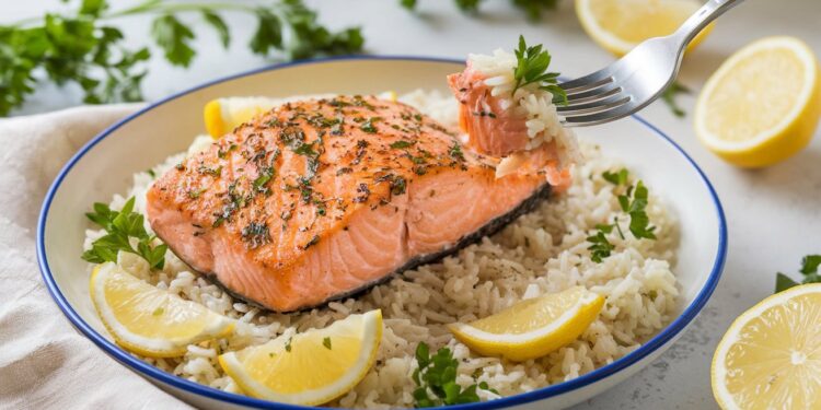 A plate of grilled salmon garnished with lemon herb sits on a bed of white rice. Lemon wedges are arranged around the edge. A fork with a bite of rice and salmon hovers above the plate, showcasing this delicious rice recipe. Parsley sprigs are in the background.