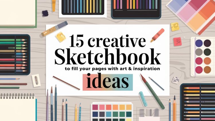 Amidst a vibrant array of art supplies—pencils, markers, watercolor sets, and paintbrushes—a wooden surface features the enticing promise: 15 Creative Sketchbook Ideas to Fill Your Pages with Art & Inspiration. This setup invites artistic exploration and creativity, encouraging readers to dive into imaginative sketchbook projects.
