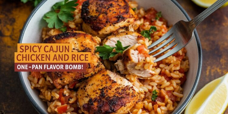 A bowl of spicy Cajun chicken and rice is garnished with parsley. A fork holds a piece of juicy chicken. Text overlay reads: SPICY CAJUN CHICKEN AND RICE - ONE-PAN FLAVOR BOMB! Lemon wedges are on the side.