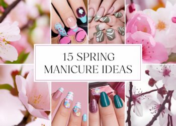 Discover the essence of spring with a vibrant collage showcasing cherry blossoms alongside an array of chic manicures. Highlights include pale pink and floral designs, pastel blue abstractions, teal tones, and glittery accents. This collection epitomizes freshness with its central theme: 15 Stylish Spring Manicure Ideas.