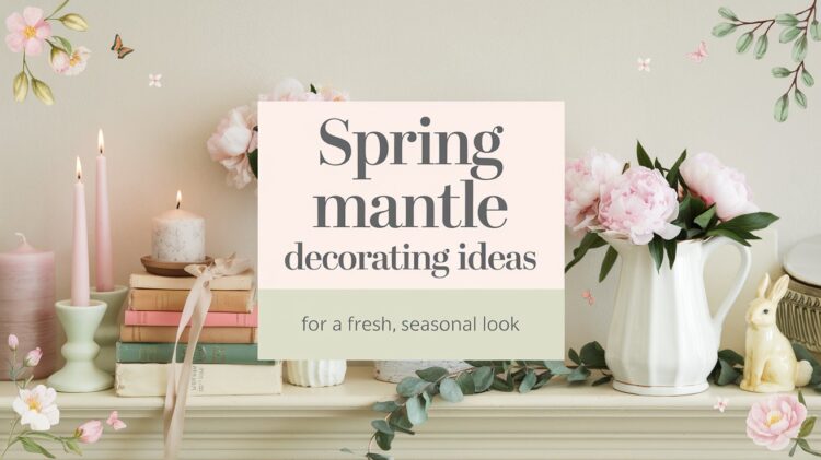 A serene spring-themed mantle display featuring candles, stacked books, peonies in a white pitcher, a small rabbit figurine, and floral decorations. Text overlay reads Spring mantle decorating ideas for a fresh, seasonal look.