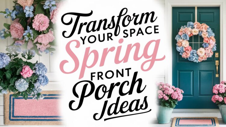 A colorful collage featuring floral arrangements, a pink and blue doormat, and a teal door adorned with a wreath of pink, blue, and white flowers. Text reads, Transform Your Space: Spring Front Porch Ideas.