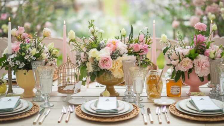 A beautifully arranged table set for a meal, adorned with floral centerpieces featuring pink and white flowers. Candles are lit, and elegant glassware, plates, and cutlery are neatly arranged. A small birdcage adds a decorative touch.