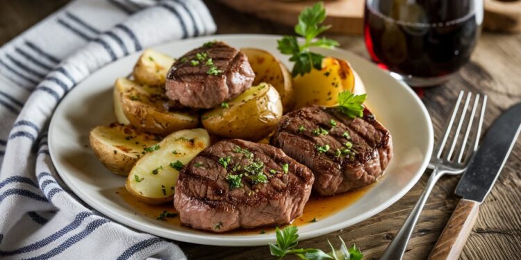 A plate showcasing three garlic butter steak bites garnished with herbs alongside roasted potato halves. A fork and knife rest beside the plate on a wooden table, complemented by a blue and white striped napkin and a glass of red wine, making for an easy dinner recipe.