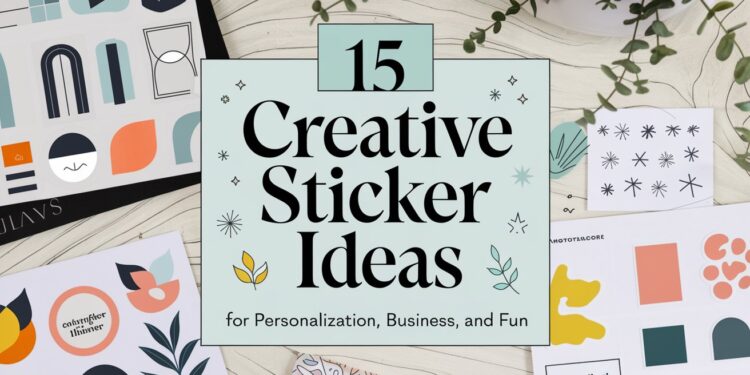 Explore 15 creative sticker ideas that blend vibrant geometric designs and plant motifs to add a personalized flair to projects or elevate business branding. Set against a light green backdrop adorned with decorative leaves, these stickers offer exciting options for personalization, business enhancement, and fun.