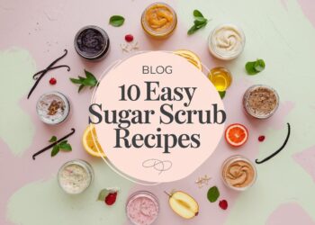Text reading Blog: 10 Easy Sugar Scrub Recipes is surrounded by various colorful jars of sugar scrubs mixed with fresh fruits, herbs, and vanilla pods on a pastel pink and green background.