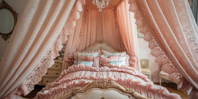 A luxurious vintage princess bedroom with a grand, ornate canopy bed draped in pink lace. The elegantly ruffled bedding and a crystal chandelier above add to the fairytale retreat. A vintage mirror and delicate furniture complete the sophisticated look of timeless elegance.