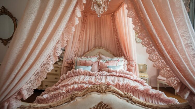A luxurious vintage princess bedroom with a grand, ornate canopy bed draped in pink lace. The elegantly ruffled bedding and a crystal chandelier above add to the fairytale retreat. A vintage mirror and delicate furniture complete the sophisticated look of timeless elegance.