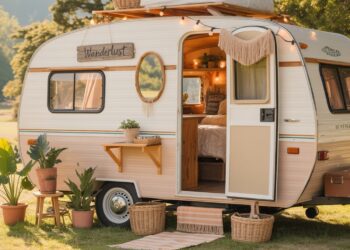 A stylish trailer adorned with lush plants, patterned rugs, and soft lighting creates a warm boho retreat. The welcoming space, marked by a Wanderlust sign and surrounded by sunlit trees, exudes comfort and adventurous spirit.