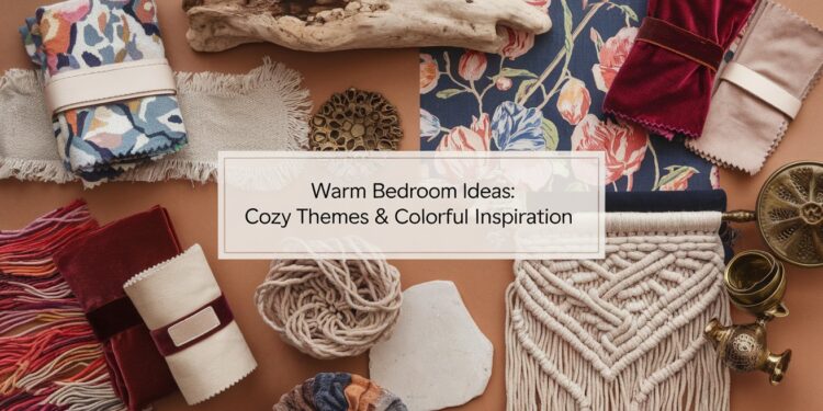 A flat lay of fabric swatches, driftwood, and decorative items surrounding a central text: Warm Bedroom Ideas: Cozy Themes & Colorful Inspiration. The elements include textiles, tassels, and woven patterns in warm and vibrant colors.