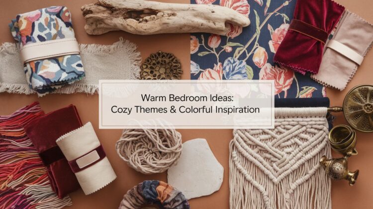 A flat lay of fabric swatches, driftwood, and decorative items surrounding a central text: Warm Bedroom Ideas: Cozy Themes & Colorful Inspiration. The elements include textiles, tassels, and woven patterns in warm and vibrant colors.