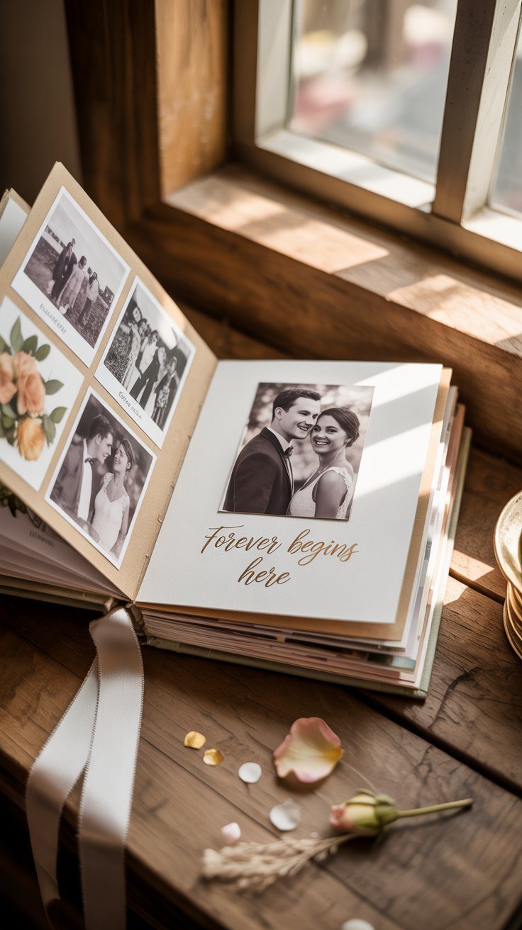 Romantic Wedding Album Inspiration: Elegant Photo Book Featuring Couple Portraits, Keepsake Details, and Personalized Text Ideas.