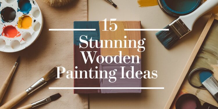 Art supplies, featuring brushes, a palette, paint tubes, and a canvas with color swatches, are arranged aesthetically. Text overlay reads 15 Stunning Wooden Painting Ideas, offering inspiration for your next creative masterpiece.