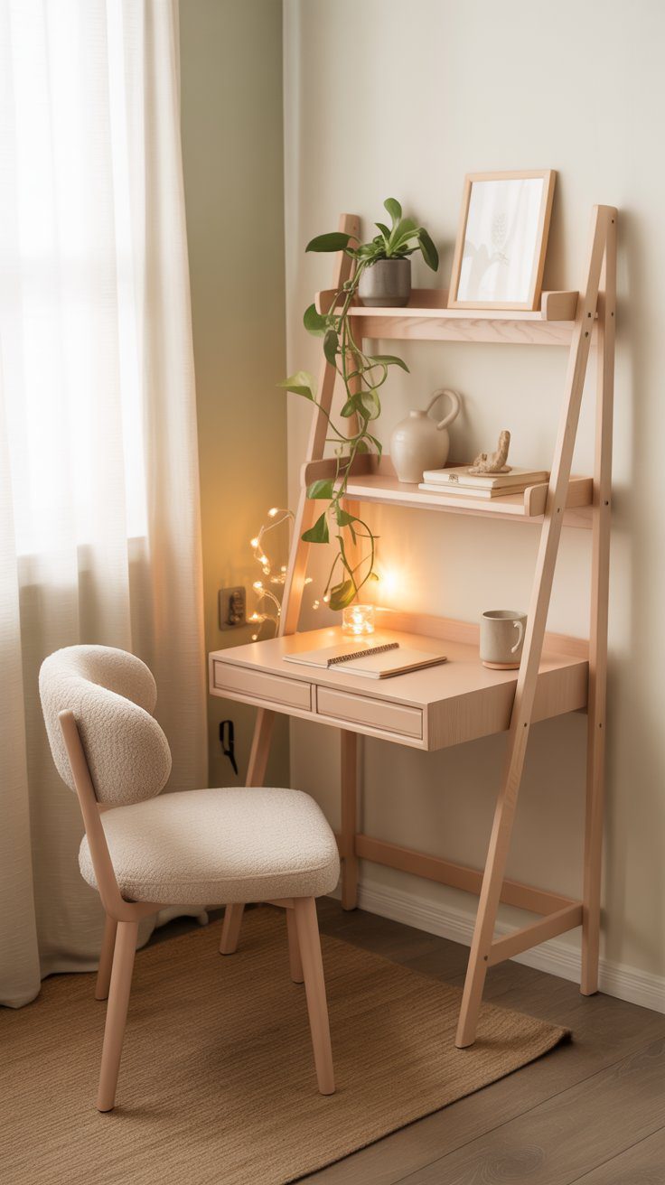 Inspiring Desk Setup with Cozy Decor, Houseplants, String Lights & Organization Ideas for Small Home Offices.