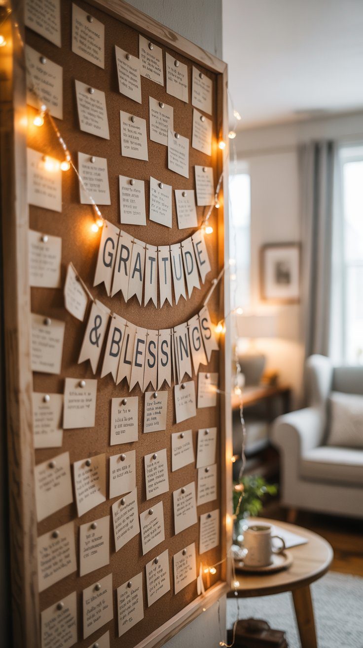 Gratitude Board Ideas for a Cozy Living Room: Handwritten Notes, Inspiring Banner & DIY Decor for Home Blessings.