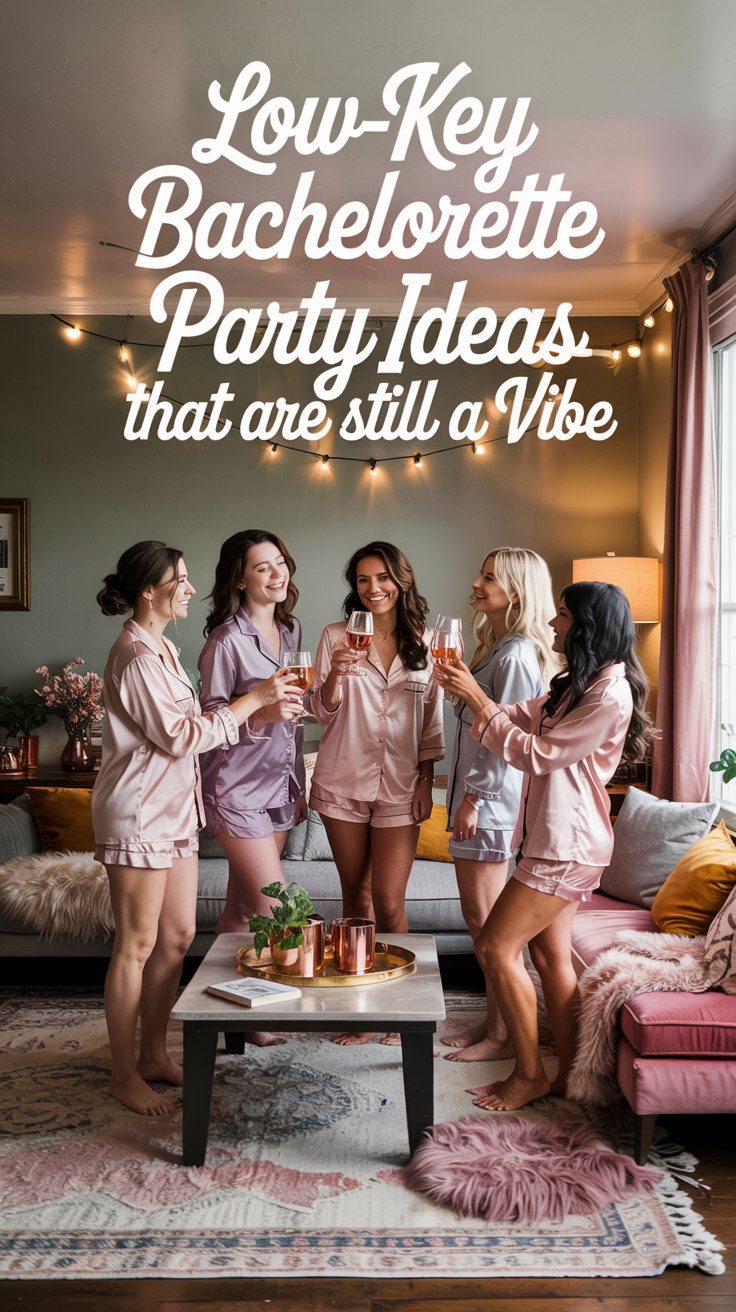 A group of women in matching pajamas share laughs and drinks in a cozy living room, capturing the fun and relaxed spirit of low-key bachelorette parties—proving you can keep it chill while still setting the vibe.