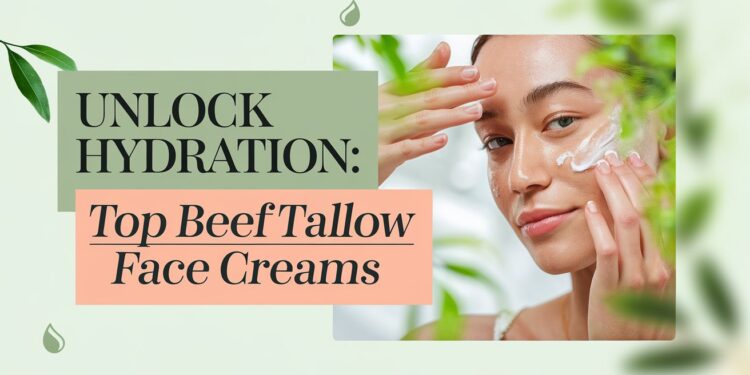 In a serene scene set against a calming green and peach backdrop with leaf accents, a woman gently applies face cream as part of her skincare ritual. This image introduces Unlock Hydration: Top Beef Tallow Face Creams, emphasizing the luxurious and hydrating benefits of using beef tallow in facial care products.