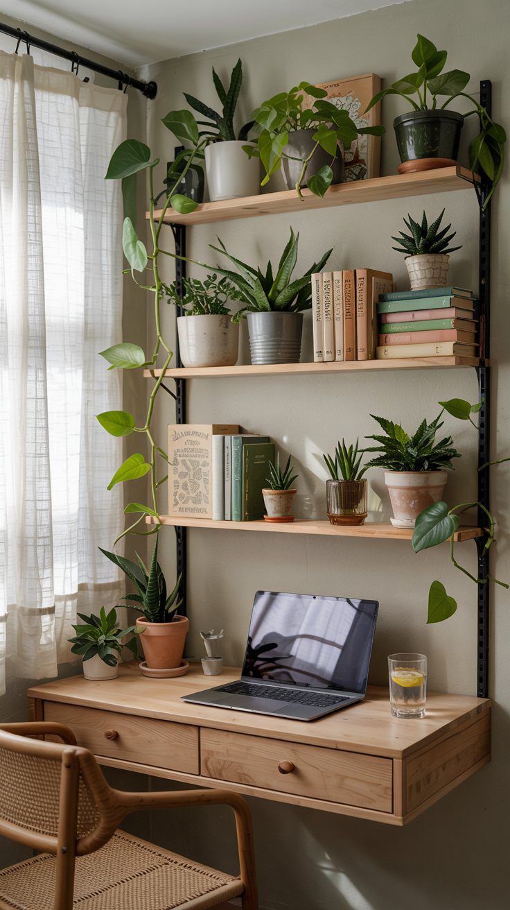 A sunlit home office blends productivity with tranquility, featuring a laptop-ready wooden desk surrounded by lush plants, natural light, and cozy decor that fosters focus and relaxation.