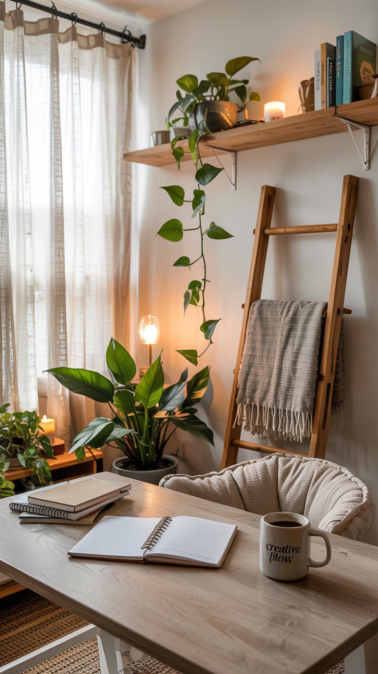 This inviting office features a wooden desk with an open notebook and warm mug, surrounded by lush plants and bathed in gentle, natural light. Thoughtful touches—like a blanket draped on a ladder and shelves lined with books, candles, and greenery—create a cozy, inspiring workspace.
