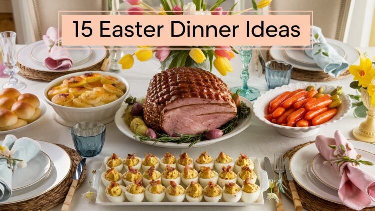 Create an enchanting Easter dinner with a glazed ham centerpiece, deviled eggs, and scalloped potatoes. Adorn your table with tulips and elegant place settings to capture the festive spirit, all under a charming Easter Dinner Ideas banner.