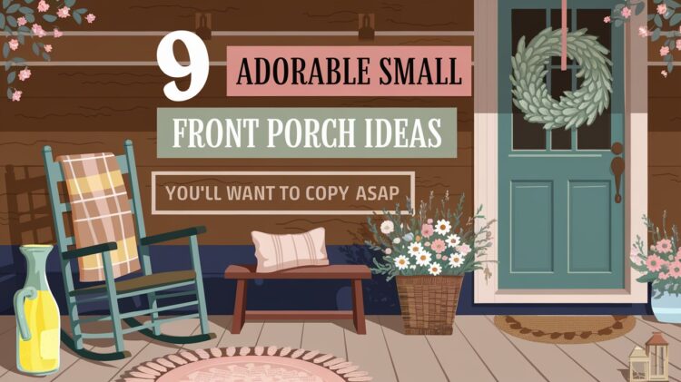 Transform your homes entrance with charming decor inspired by this cozy front porch illustration. Featuring a welcoming green door with a wreath, a comforting wooden rocking chair draped in a plaid blanket, and a table adorned with potted flowers, these delightful touches capture the essence of inviting design. Discover 9 Adorable Small Front Porch Ideas Youll Want to Copy ASAP and elevate your curb appeal.