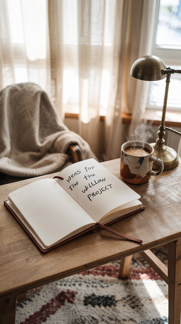 A sunlit, cozy office sets the stage for fresh thinking on the Willow Project, with an open notebook marked Ideas, a warm mug, and inviting touches like a brass lamp and blanket-draped chair inspiring creativity.