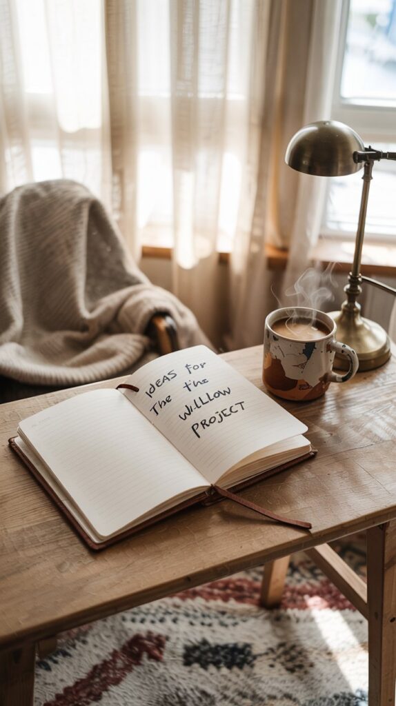 A sunlit small office sets the scene: an open notebook labeled Ideas for The Willow Project rests beside a steaming mug and brass lamp, with a cozy armchair draped in a blanket nearby—inviting inspiration and creativity.