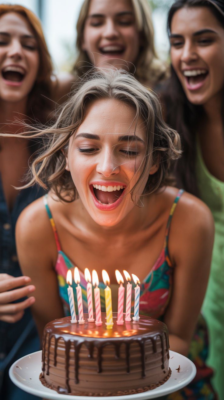 A young woman beams with happiness as she gets ready to blow out candles on her chocolate birthday cake, surrounded by laughing friends—a heartwarming moment sure to spark creative Birthday Instagram Story ideas.