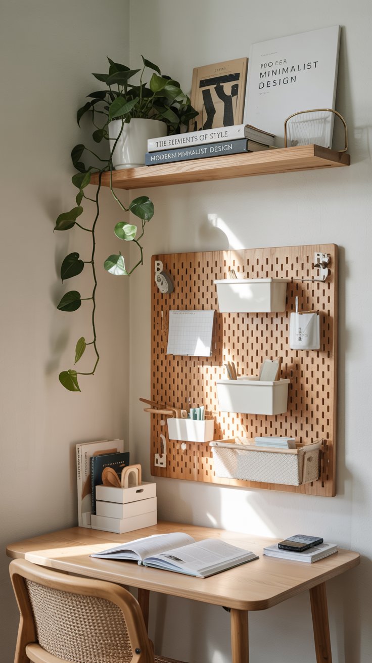 A sunlit, minimalist office features a wooden desk and thoughtful storage solutions like a pegboard and wall shelf, blending functionality with calming design elements such as books and greenery.