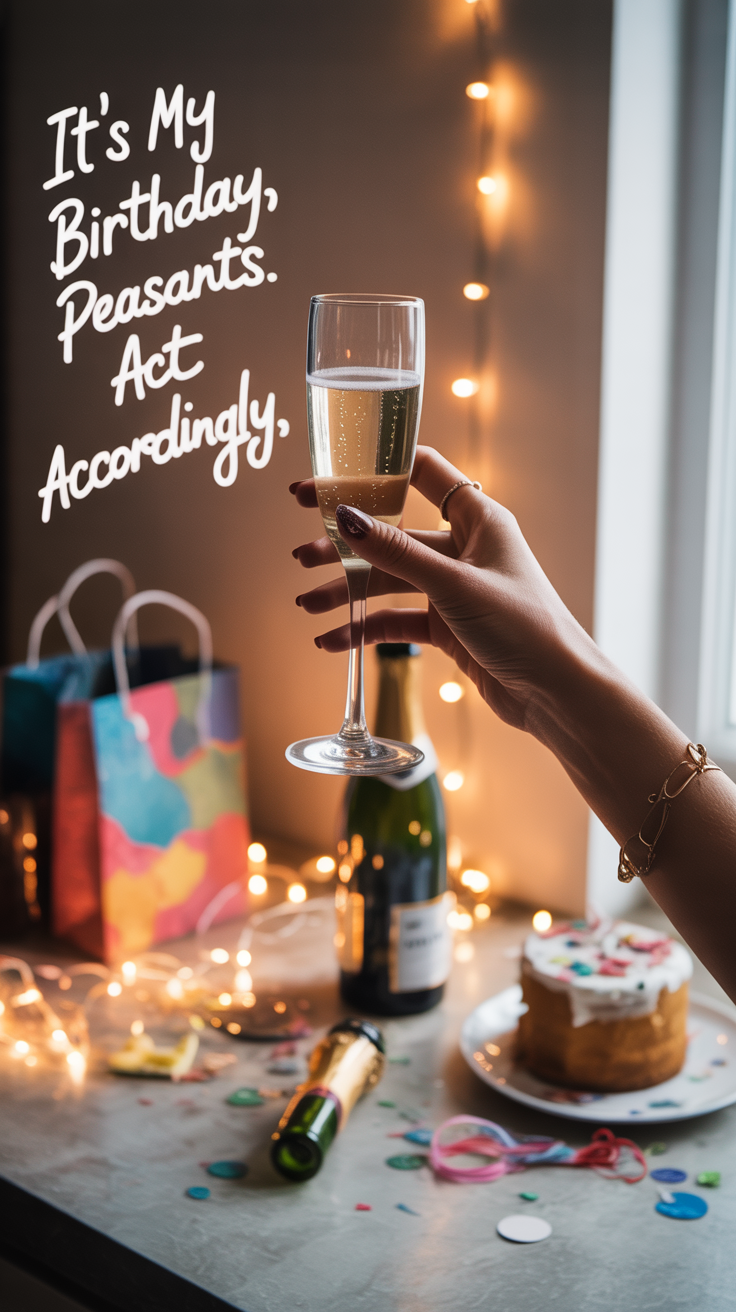 Celebrate your birthday in style with this playful Instagram Story idea: a sparkling scene of cake, champagne, and gifts set aglow by twinkling lights, topped off with the bold proclamation—It’s my birthday, peasants. Act accordingly. Perfect for making your big day unforgettable and share-worthy!.