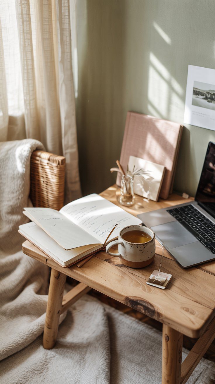 Experience the inviting energy of a cozy workspace, where soft light, warm textures, and personal touches—like a cup of tea and favorite decor—transform an office into an inspiring retreat.