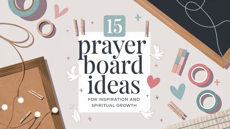 Explore the enchanting world of crafting with an inspiring flat lay featuring vibrant ribbons, charming clothespins, whimsical heart and star cutouts, and a luminous string-lit board. At the heart of this creative display is a card introducing 15 Prayer Board Ideas for Inspiration and Spiritual Growth, inviting you to delve into innovative ways to enrich your spiritual journey through artful expression.