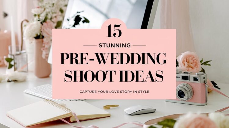 Discover 15 stunning pre-wedding shoot ideas to beautifully capture your love story. Dive into romantic photo inspirations, set in a chic workspace adorned with stylish elements like a computer, pink camera, and flowers. Perfect for couples seeking unique and memorable moments before the big day.