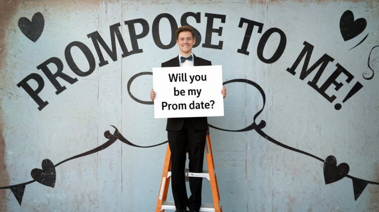 A creative promposal unfolds as a suit-clad individual stands on a ladder before a wall emblazoned with PROMPOSE TO ME! Holding a sign that reads, Will you be my Prom date? this DIY gesture is charmingly embellished with budget-friendly decorations like hearts and swirls, capturing the spirit of heartfelt ingenuity and youthful romance.