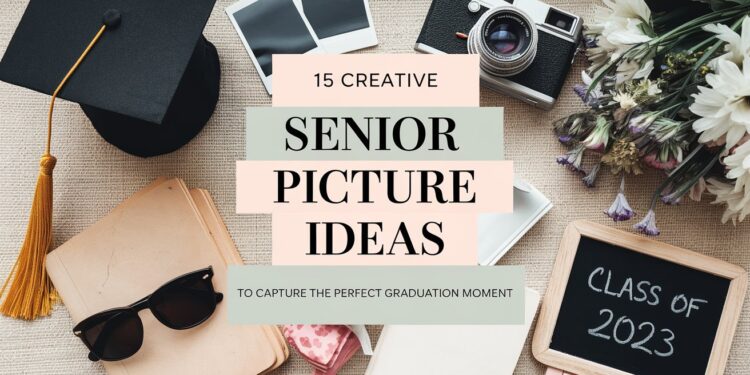 Flatlay of graduation items: a cap, camera, bouquet, notebook, sunglasses, and a small chalkboard with Class of 2023. Text overlay reads 15 Creative Senior Picture Ideas to Capture the Perfect Graduation Moment.