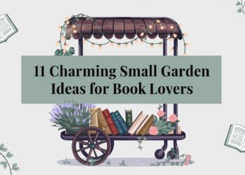 Explore a captivating illustration featuring a mobile garden bookshelf adorned with books, flowers, and twinkling lights, perfectly capturing the allure of literary-themed gardens. Under the banner 11 Charming Small Garden Ideas for Book Lovers, discover creative inspirations that blend the joys of gardening with a love for literature. This enchanting display is surrounded by whimsical book and foliage motifs, offering delightful ideas for transforming any garden into a bibliophiles paradise.